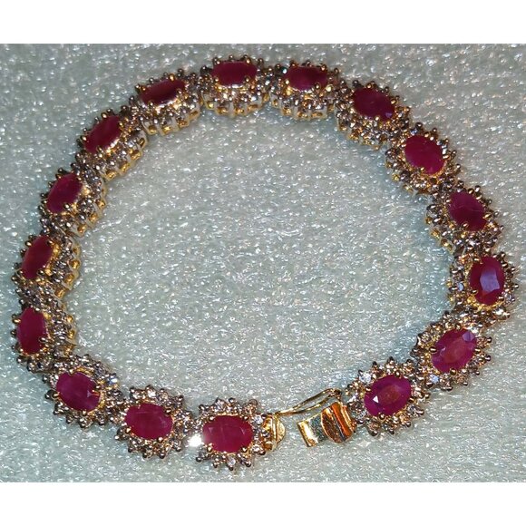 Natural Ruby & Diamond 14K Solid Yellow Gold over 14K Solid White Gold Bracelet - Picture 11 of 13